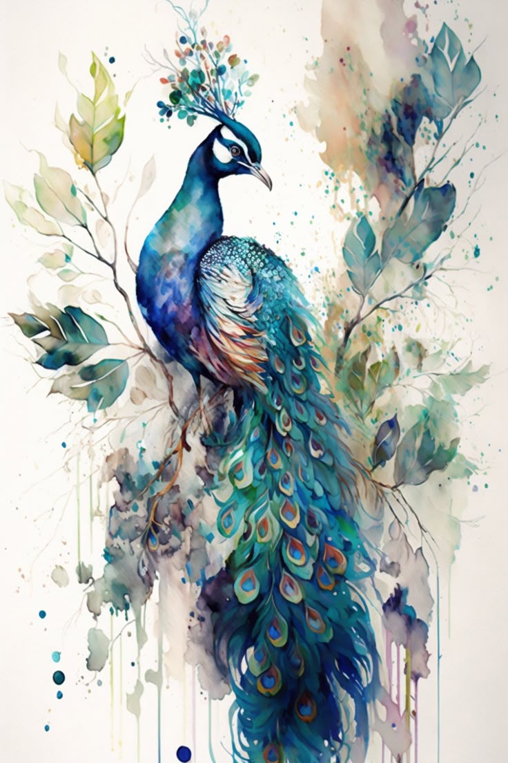 Majestic Bloom – Watercolor Peacock Botanical painting