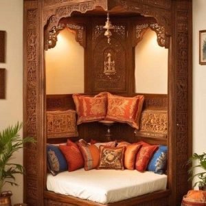 Ornately carved wooden canopy seating nook with traditional Indian design, plush cushions, and ambient lighting.