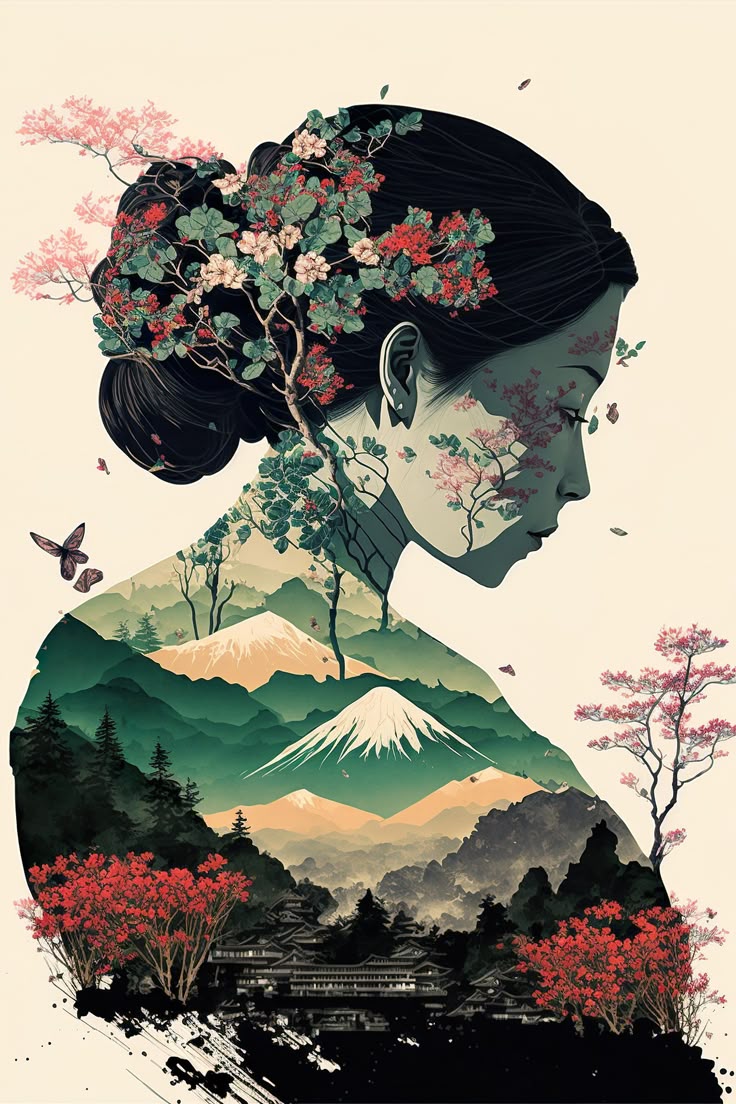 Harmony of Nature and Soul – Surreal Portrait Art A surreal digital painting of a woman’s profile blending into a serene landscape, with cherry blossoms growing from her hair and mountains forming her silhouette.
