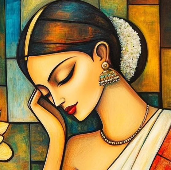 Graceful Indian Woman – Traditional Art Portrait A digital painting of an elegant Indian woman in traditional attire, wearing a white saree with gold accents, adorned with jewelry, and a garland of flowers in her neatly tied hair. She is depicted in a serene, introspective pose with a soft, warm expression.