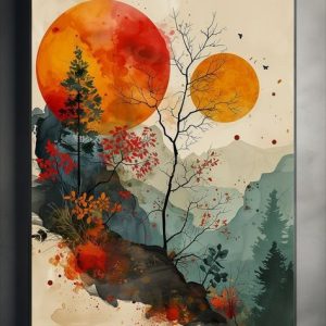 A stunning nature-inspired digital painting featuring two vibrant, watercolor-style suns in red and orange hues, set against a misty mountain landscape. The artwork showcases delicate trees, autumnal foliage, and expressive brushstrokes, creating a dreamy, surreal atmosphere.