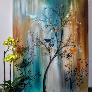 An artistic representation of a tree featuring multiple birds resting on its limbs.