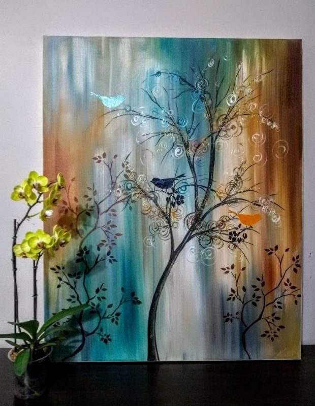 An artistic representation of a tree featuring multiple birds resting on its limbs.