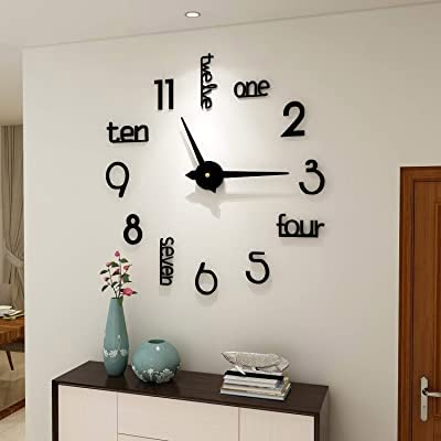 AmazonSmile_ ALLOCK Decorative Modern Pendulum… A minimalist black wall clock with numbers spelled out in words on a white background.