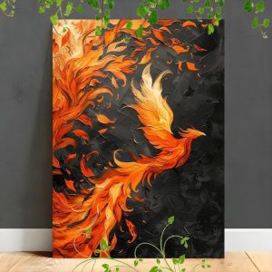 A vibrant oil painting of a fiery phoenix emerging from swirling flames against a textured black background.