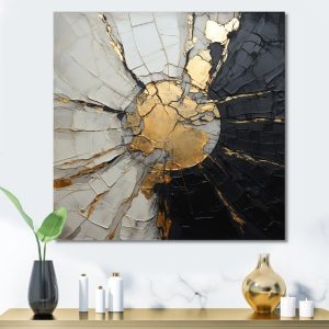 An abstract textured painting with gold, black, and white cracked patterns resembling a fractured surface, creating a modern and sophisticated visual effect.