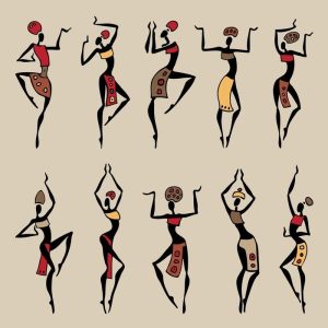 A collection of abstract, tribal-style illustrations of dancing figures in earthy tones of red, brown, and yellow on a beige background.