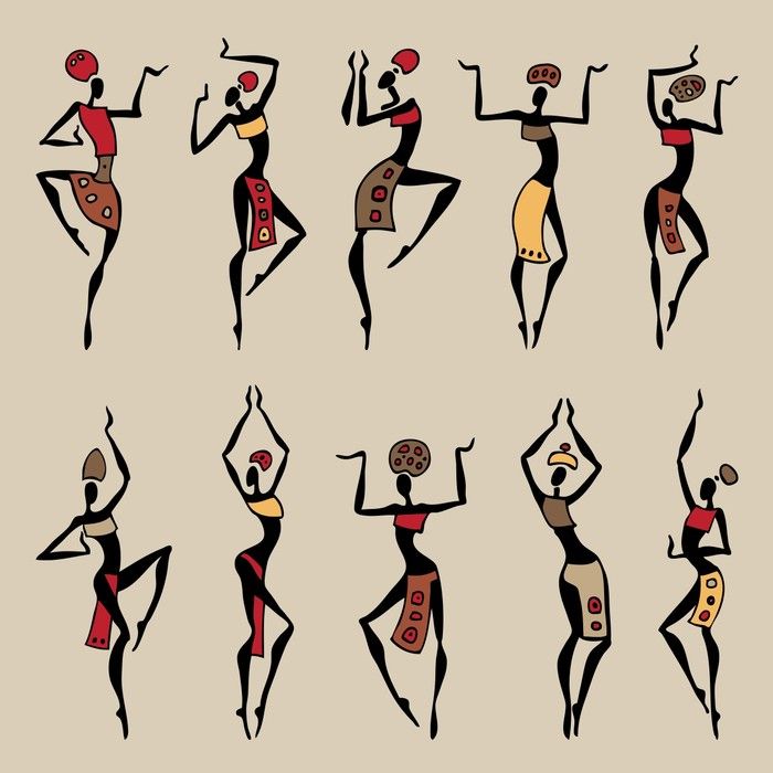 Festival of Dance – Abstract Tribal Art A collection of abstract, tribal-style illustrations of dancing figures in earthy tones of red, brown, and yellow on a beige background.