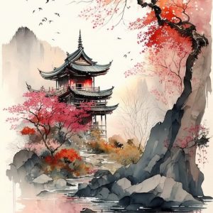 A serene watercolor-style painting of a traditional Japanese pagoda surrounded by cherry blossoms, misty mountains, and a tranquil reflective lake. Birds soar in the sky, enhancing the peaceful and dreamlike atmosphere.