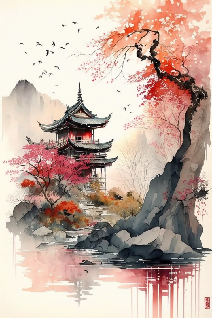 Japanese Landscape Poster #1 A serene watercolor-style painting of a traditional Japanese pagoda surrounded by cherry blossoms, misty mountains, and a tranquil reflective lake. Birds soar in the sky, enhancing the peaceful and dreamlike atmosphere.