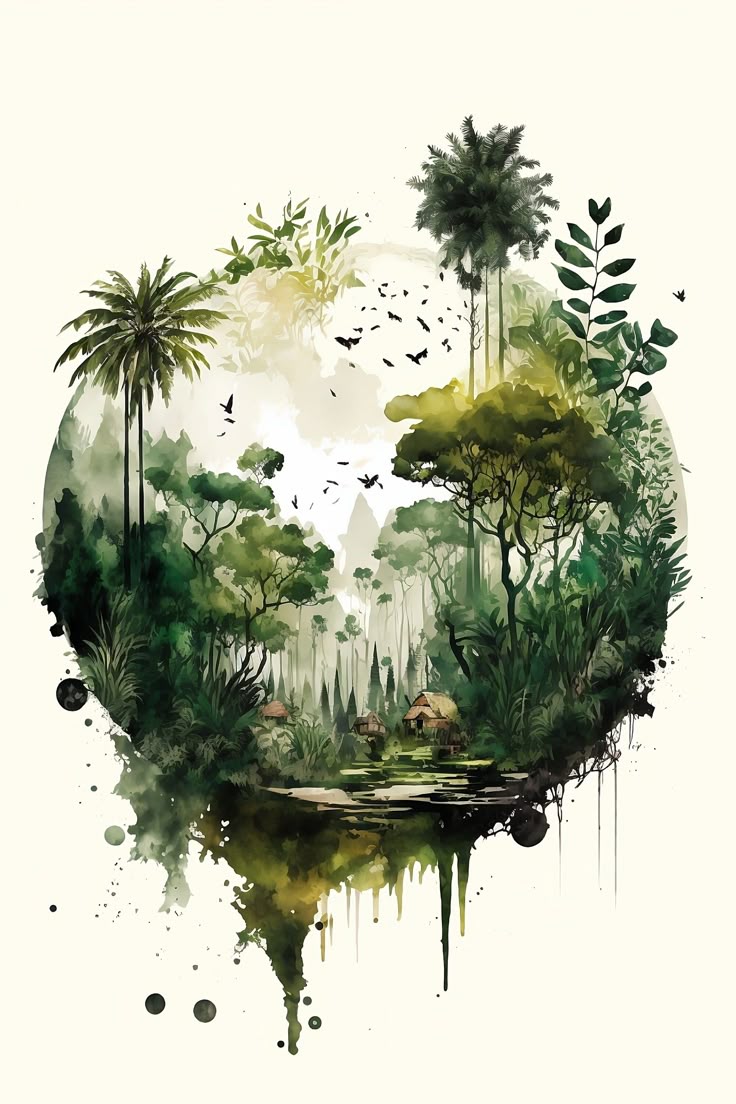 Jungle world _ wall deco _ poster _ rain forest _ digital _ download _ print A watercolor-style digital painting of a lush jungle scene, featuring towering palm trees, dense greenery, a reflective water body, and small huts nestled in the forest, with birds flying overhead.