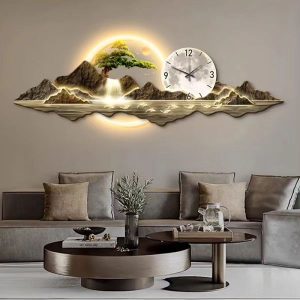 A breathtaking wall clock featuring a mountain landscape, a glowing sun and moon effect, and a tree, creating a serene and artistic decor piece.
