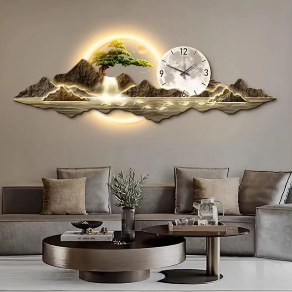 Mechanism Luxury Wall Clocks Restaurant Large Led… A breathtaking wall clock featuring a mountain landscape, a glowing sun and moon effect, and a tree, creating a serene and artistic decor piece.