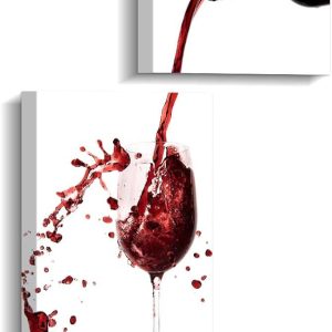 A two-panel canvas wall art featuring a dynamic red wine pouring scene. The top panel showcases a bottle tilted, pouring red wine, while the bottom panel captures the wine splashing into a glass with vibrant motion. The artwork is set against a clean white background, making it a modern and elegant choice for kitchen or dining room décor.
