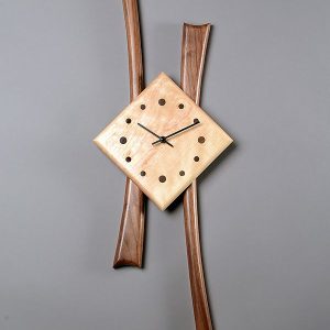 Abstract wall clock with bent wooden design and a tilted square face