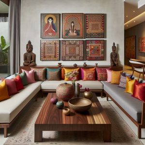 A luxurious living room featuring a low wooden coffee table, traditional Indian decor, colorful silk and cotton cushions on modern sectional sofas, and a gallery wall of intricate ethnic art and Buddhist statues.