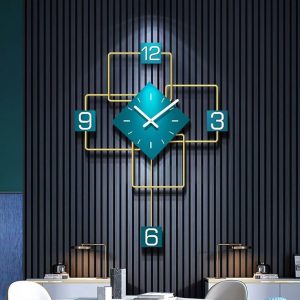 A futuristic square-shaped wall clock with a teal face, golden interconnected squares, and bold number placements for a modern aesthetic.