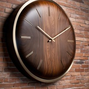 Round wooden wall clock with gold hands and a walnut face on a brick wall