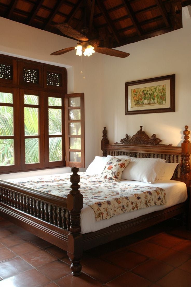 b25d82b7-3cd3-452d-8f38-9ab0c918f757 A traditional wooden bed with detailed carved headboard and spindle design, placed in a room with terracotta flooring, wooden ceiling, and large open windows.