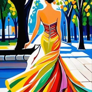 Woman in Rainbow Dress Walking Through Park wall art