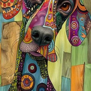 A vibrantly colored abstract painting of a dog, featuring intricate patterns, swirls, and geometric shapes in a psychedelic and modern art style.