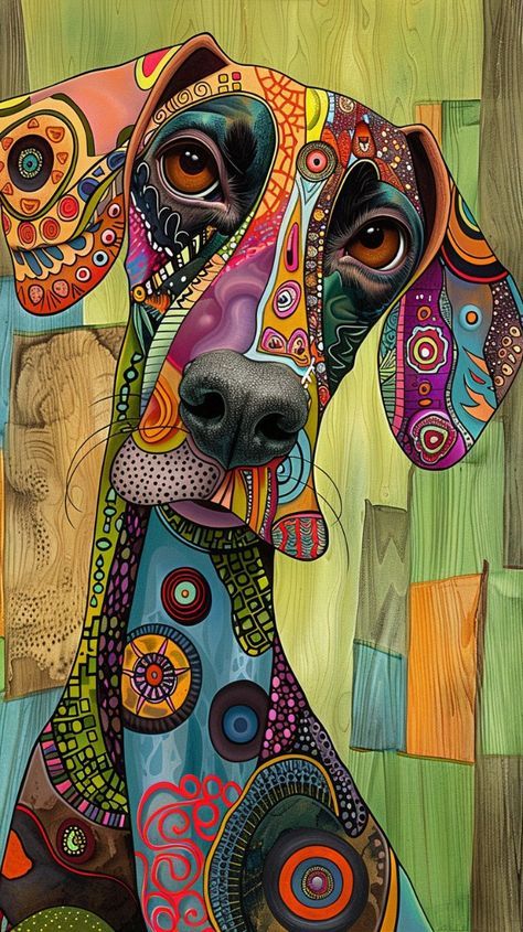 Abstract Colorful Dog Portrait A vibrantly colored abstract painting of a dog, featuring intricate patterns, swirls, and geometric shapes in a psychedelic and modern art style.
