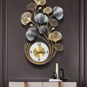 Decorative wall clock with gold and silver metal floral design