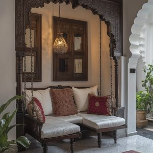 Traditional Indian wooden swing-style seating with white cushions and red accent pillows, set beneath an intricately carved wooden canopy in a cozy, heritage-themed living space.